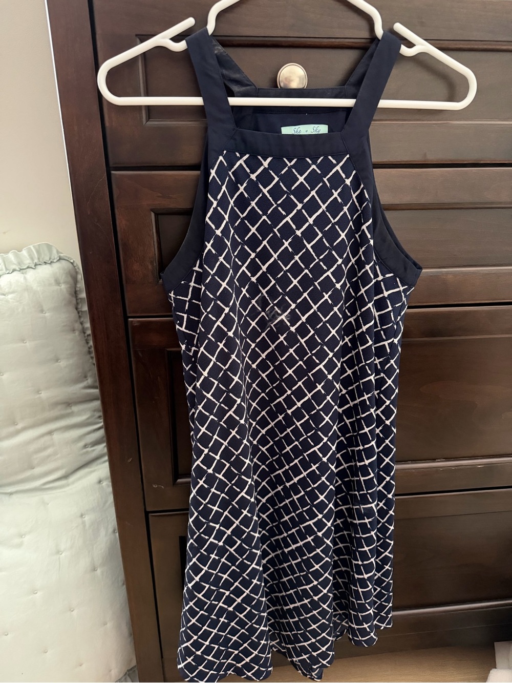 She + Sky Navy and White Lattice Midi Halter Dress